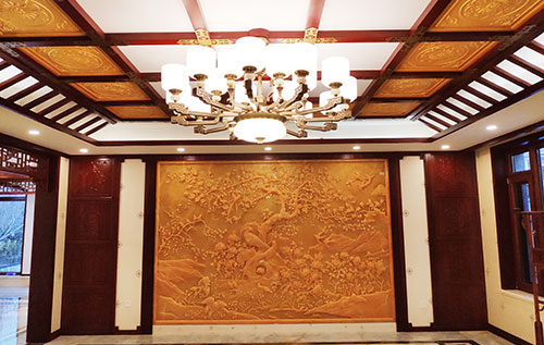 钟山中式别墅客厅中式木作横梁吊顶装饰展示